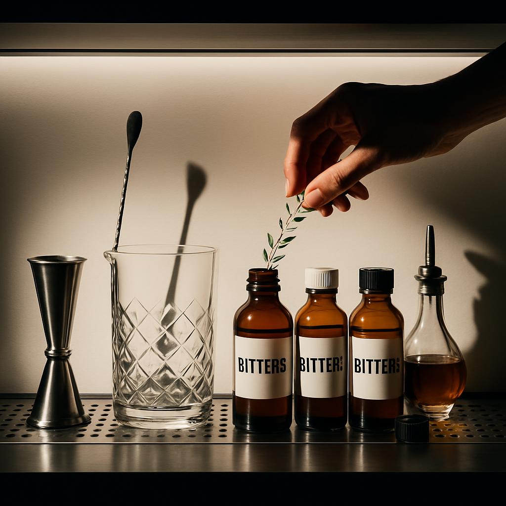 Un barman prépare des bitters pour un cocktail. The barman prepares bitters for a cocktail.