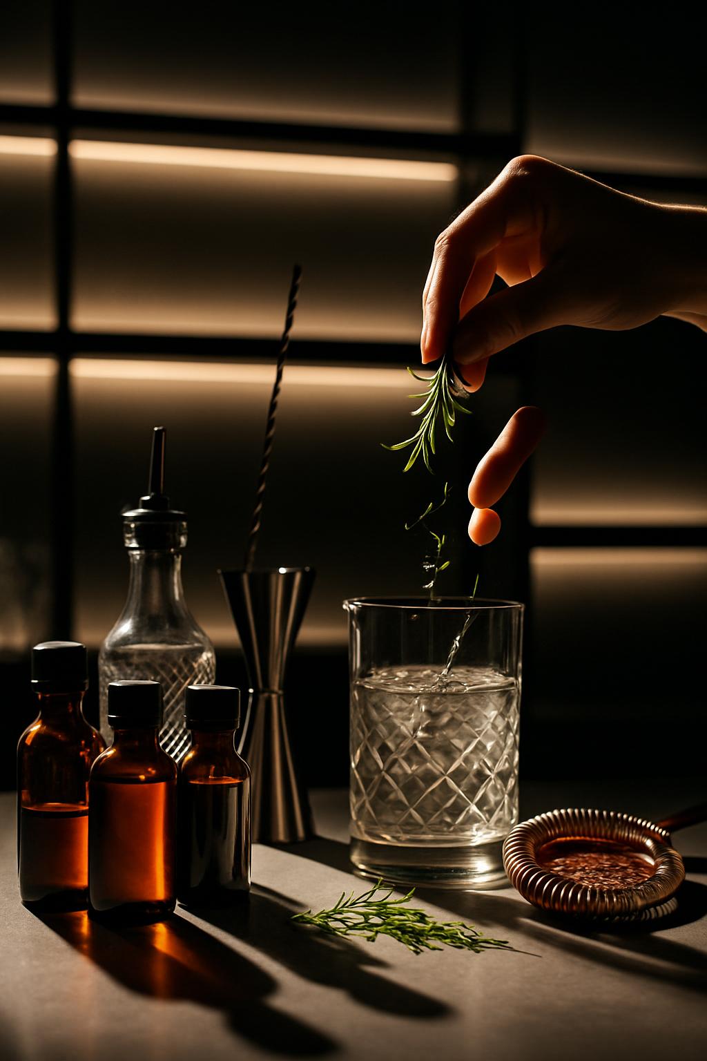 In this image, a hand delicately reaches out to place a sprig of rosemary in a glass containing water and ice. To the left...