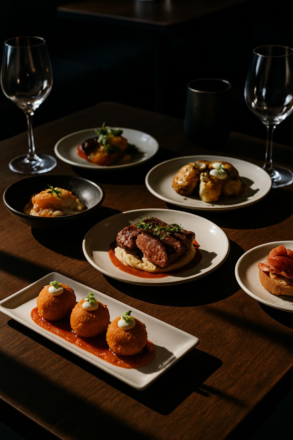 Tasting various dishes with wine on a wooden table.