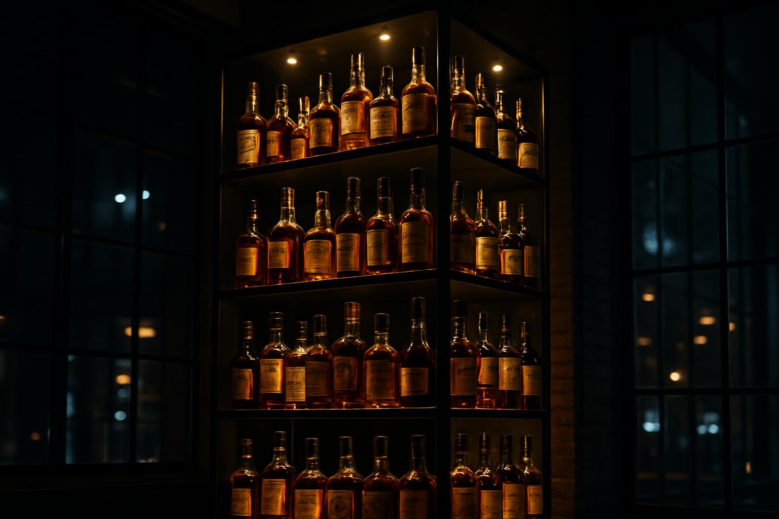 scalable shelves holding bottles of brown liquid showcasing the distillery's whiskey collection at night with lit shelves ...